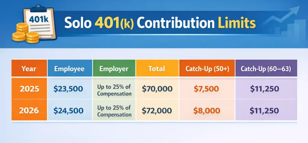 Solo 401(k) Explained: Eligibility, Benefits, and How to Maximize Your Contributions 1 Table showing Solo 401(k) contribution limits for 2025 and 2026, including employee contributions, employer contributions, total limits, and catch-up limits for ages 50+ and 60–63.