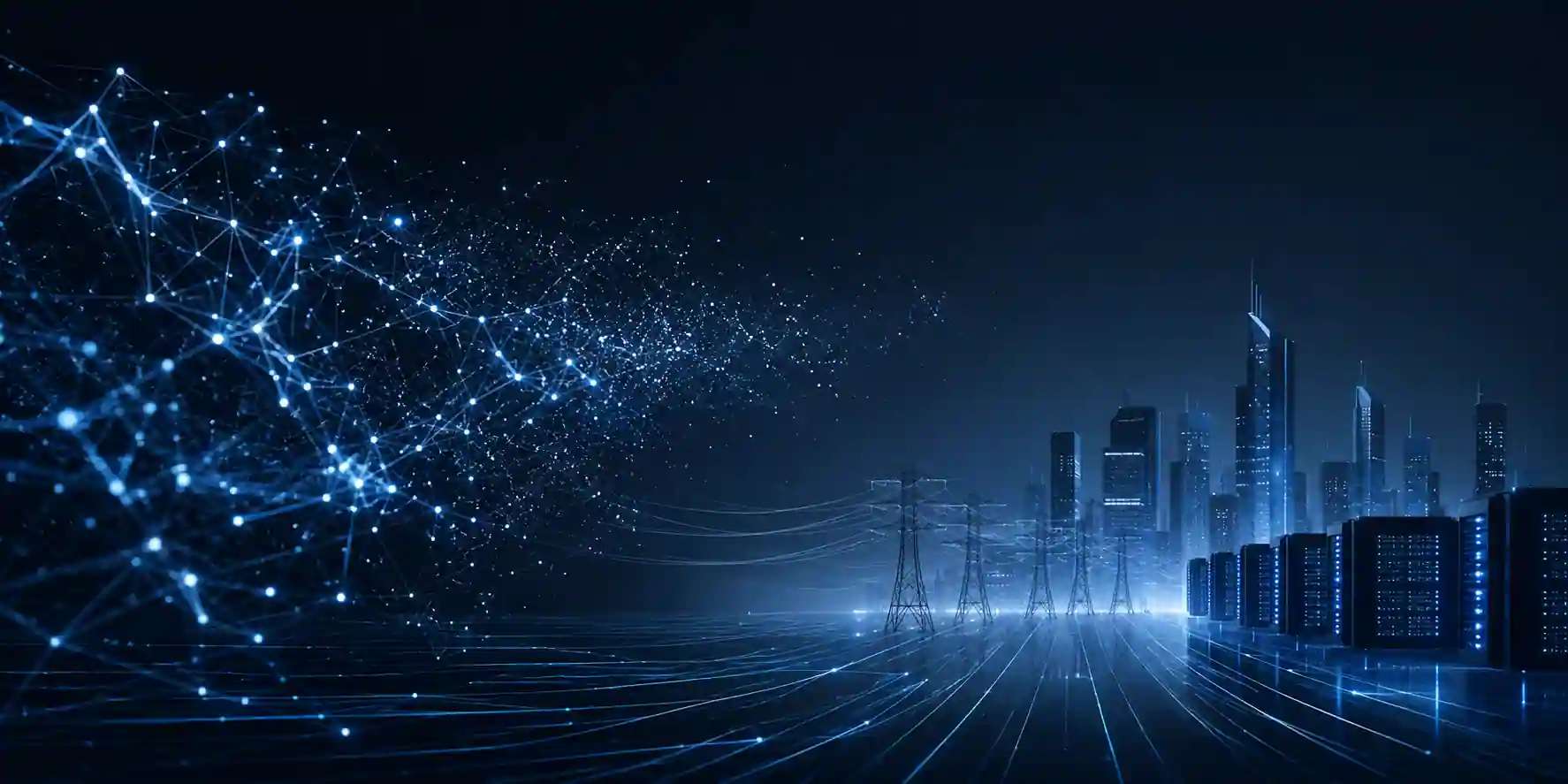 Abstract illustration of a glowing neural network dissolving into a futuristic city skyline with power grid lines and data center silhouettes on a dark navy background.
