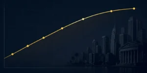 Minimalist financial illustration featuring an upward-trending gold yield curve over a dark navy grid background with a faint city skyline silhouette on the right.