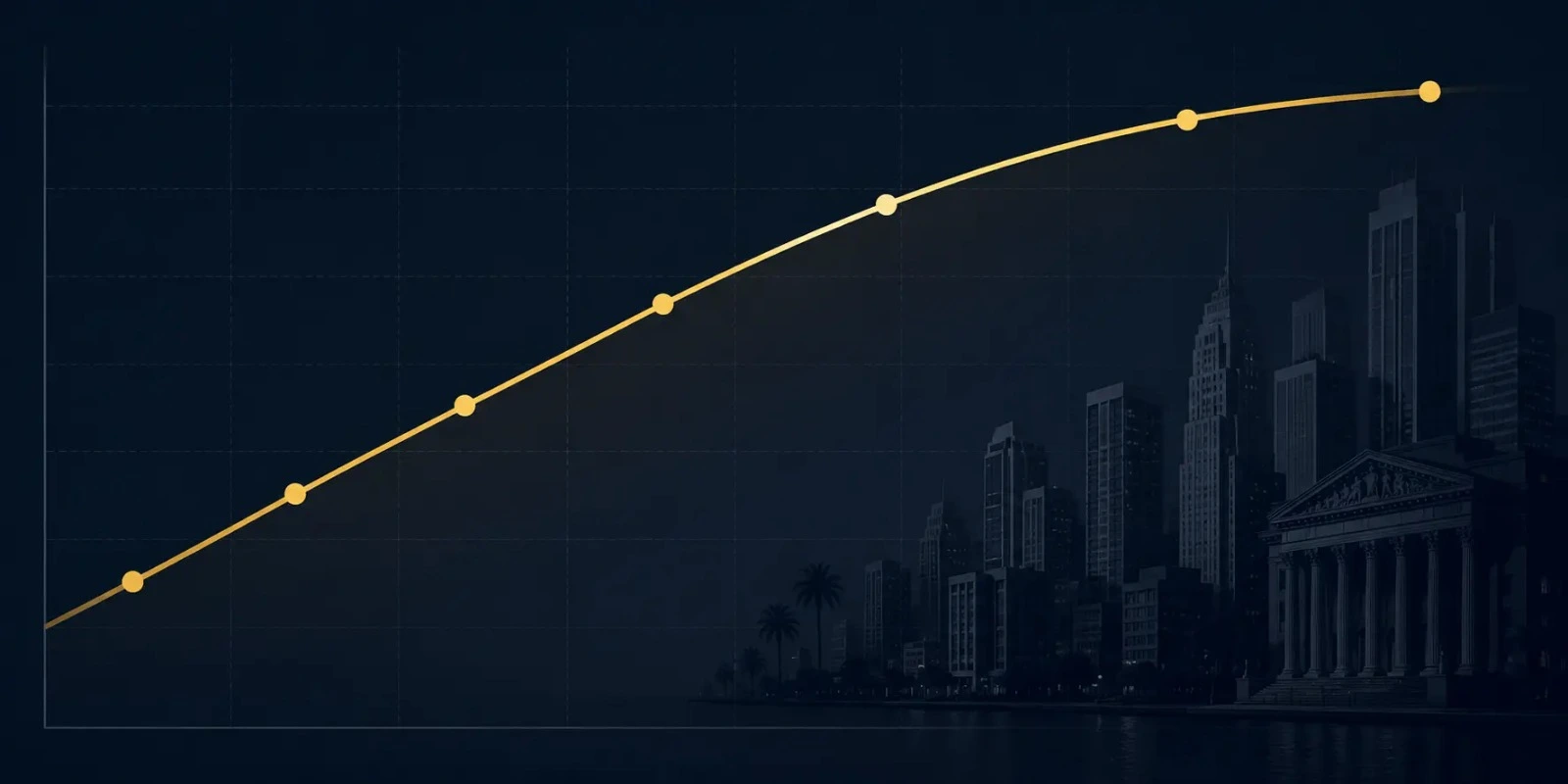 Minimalist financial illustration featuring an upward-trending gold yield curve over a dark navy grid background with a faint city skyline silhouette on the right.